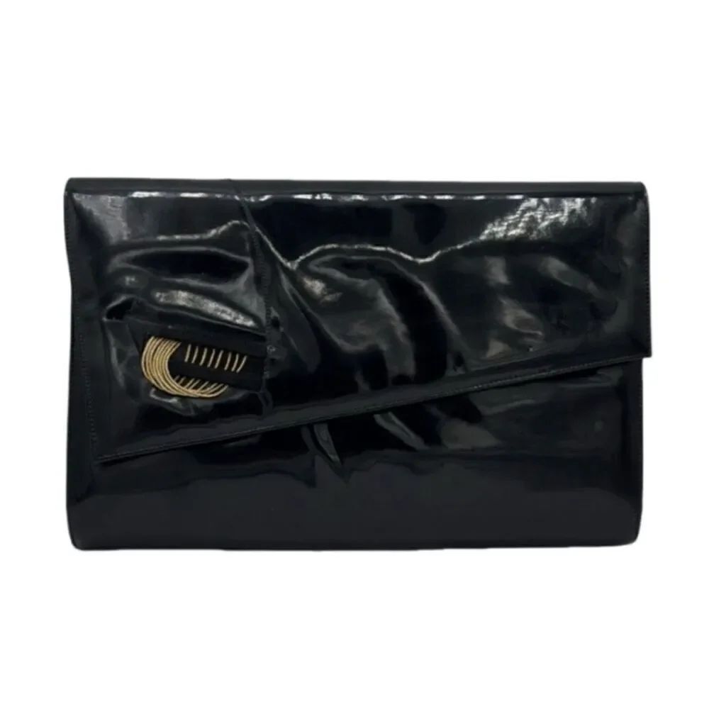 Bally Patent Leather Envelope Clutch Black Gold Accent Event Evening Cocktail